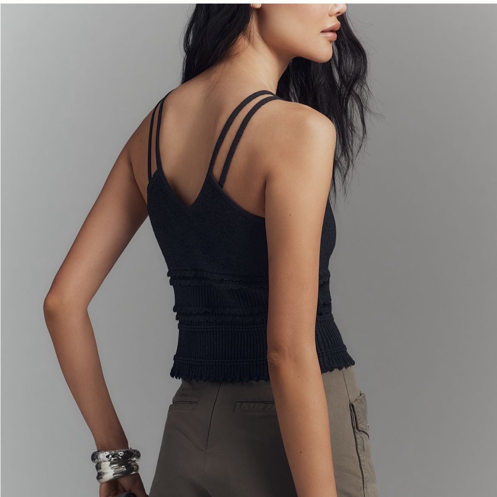 Anthropologie Knit V Neck Black Linen Blend Tank Top SZ Med Noir Essential - Picture 2 of 11
